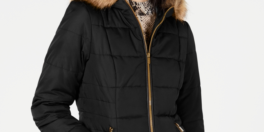 Celebrity Pink Junior's Puffer Coat With Faux Fur Trim Hood Black Size XX-Large