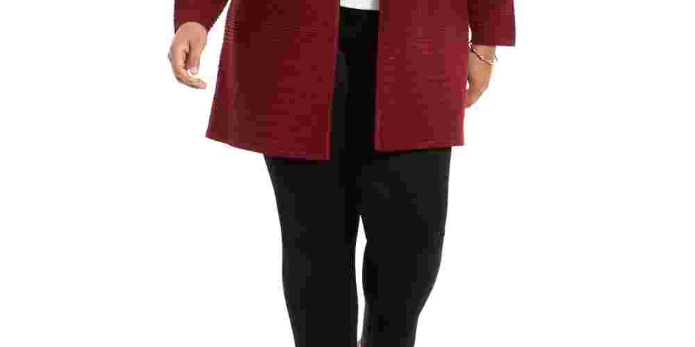 Alfani Women's Plus Metallic Striped Cardigan Red Size 2X