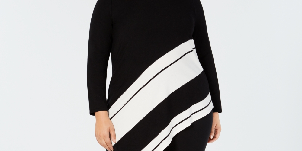 Alfani Women's Plus Asymmetrical Hem Striped Sweater Black Size 4X