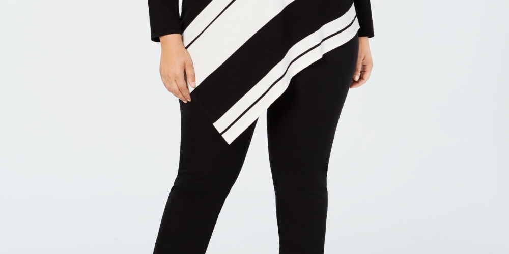 Alfani Women's Plus Asymmetrical Hem Striped Sweater Black Size 4X