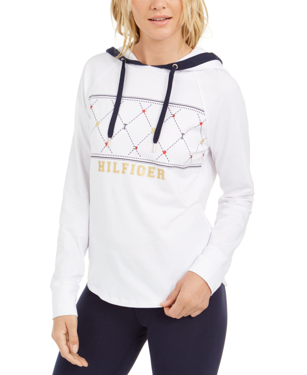 Tommy Hilfiger Women's Sport Argyle Panel Hoodie White Size X-Small
