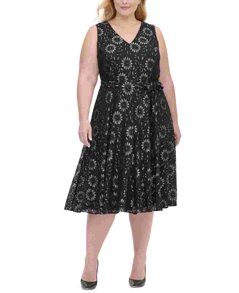 tommy-hilfiger-womens-plus-sleeveless-lace-fit-flare-dress-gray-size-petite-small