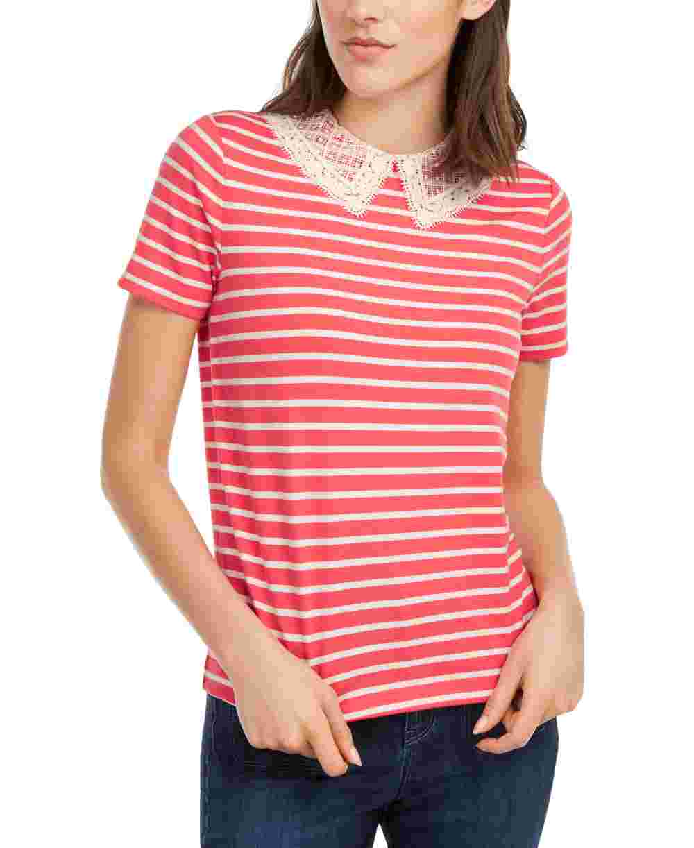 Maison Jules Women's Striped Lace Collar Top Orange Size X-Small