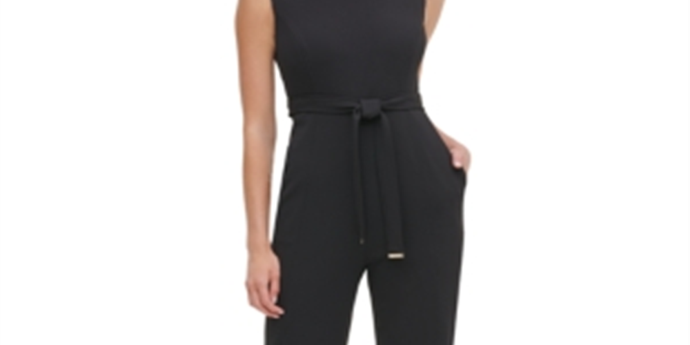 Tommy Hilfiger Women's Belted Zippered Sleeveless Mock Wide Leg Party Jumpsuit Black Size 10