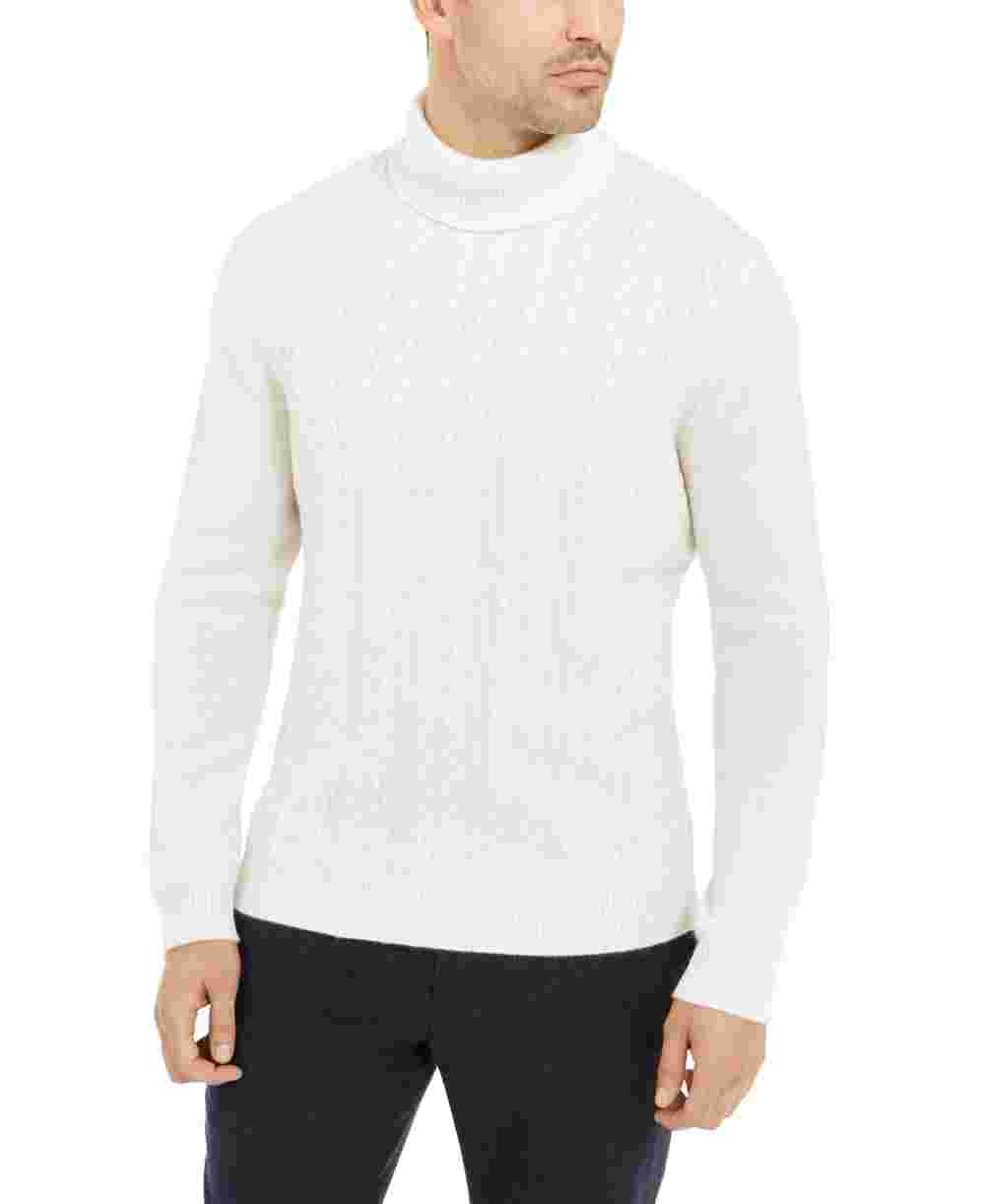 Tasso Elba Men's Cashmere Ribbed Trim Turtleneck Sweater Ivory Size Large