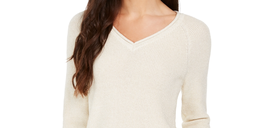 Charter Club Women's Lurex V Neck Sweater White Size Medium