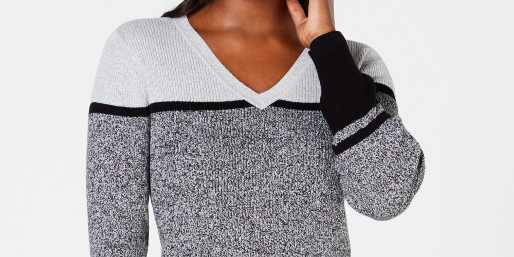 Karen Scott Women's Striped V Neck Cotton Sweater Black Size X-Small