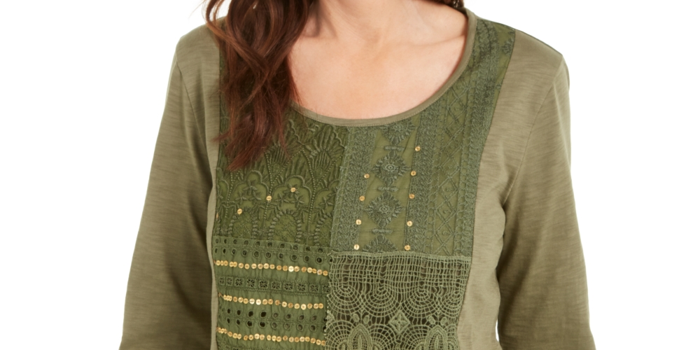 JM Collection Women's Cotton Crochet Patchwork Top Green Size X-Small