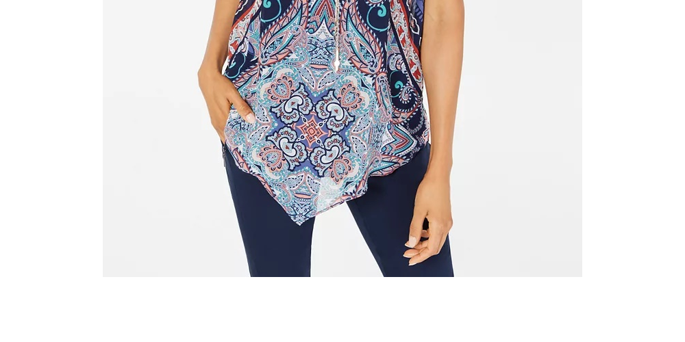JM Collection Women's Printed Pointed Hem Top Blue Size Petite Small