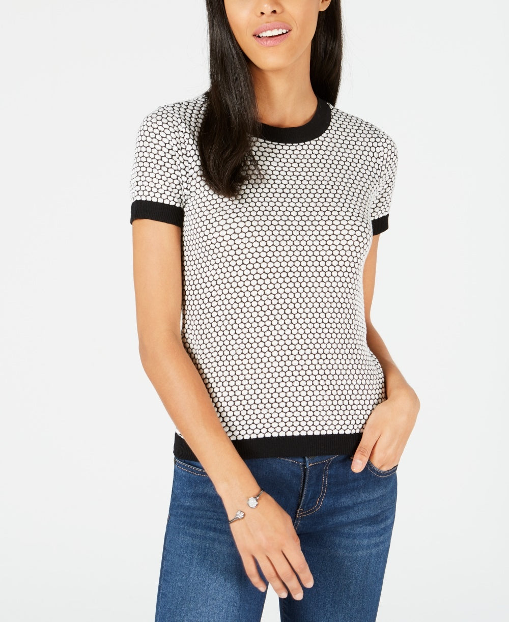 Maison Jules Women's Honeycomb Short Sleeve Sweater Black/White  Size XXS