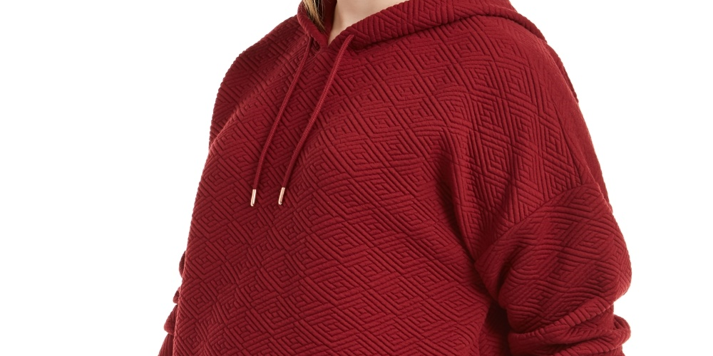 Ideology Women's Zippered Herringbone Long Sleeve Hoodie Sweater Red Size 3X