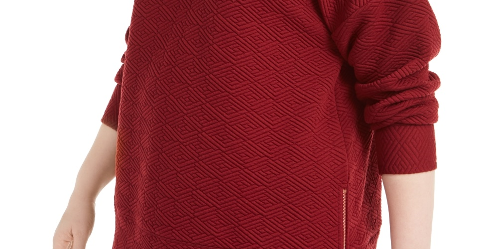 Ideology Women's Zippered Herringbone Long Sleeve Hoodie Sweater Red Size 3X