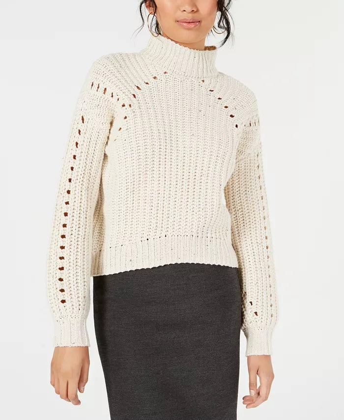 Embossed Women's Sweater Pullover Mock Neck White Size Medium