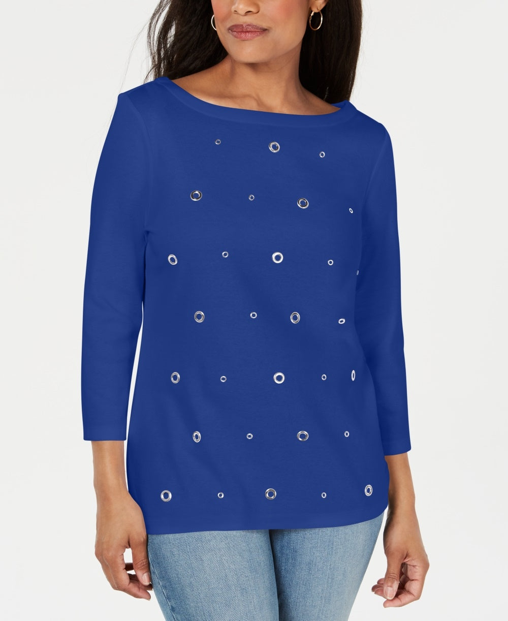 Karen Scott Women's Cotton Grommet Top Blue Size X-Small