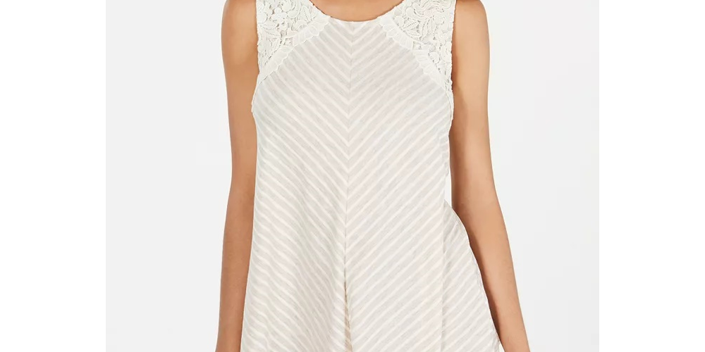 Style & Co Women's Striped Lace Sleeveless Top Beige Size Large