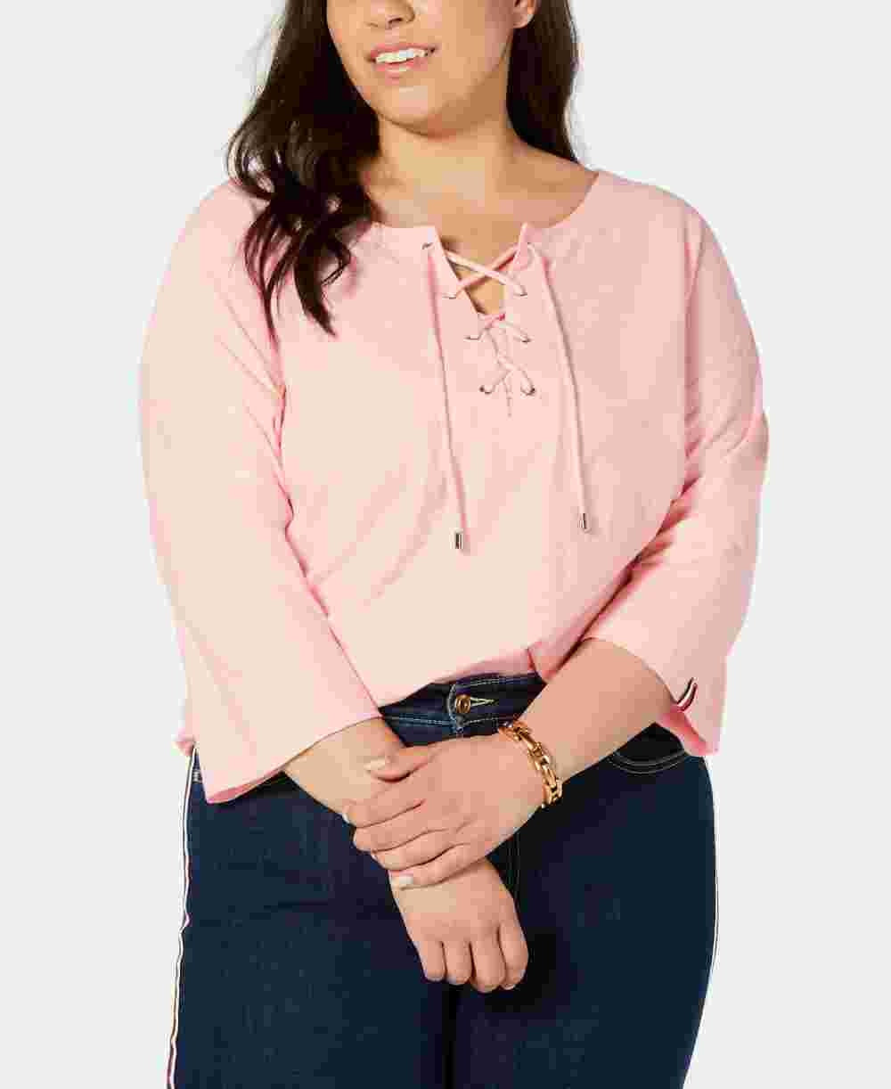 Tommy Hilfiger Women's Plus Cotton Lace Up Top Pink Size 2X