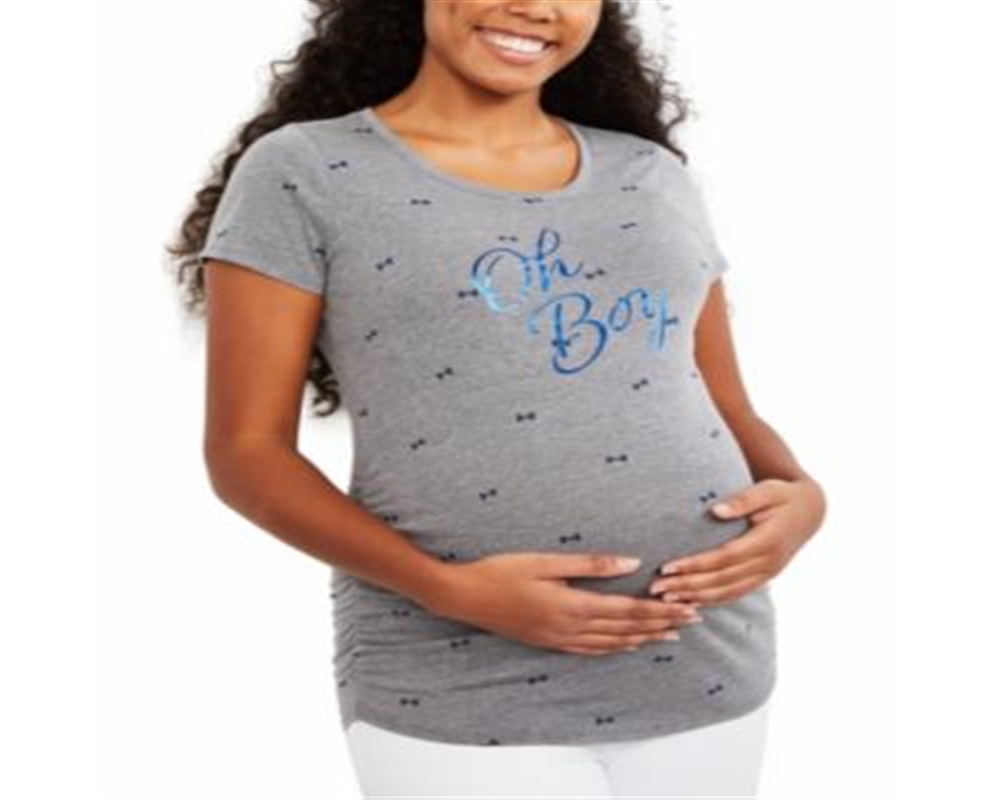 Motherhood Maternity Women's Tee Shirts Bow Print 'Oh Boy' Maternity Tee Gray Size XS