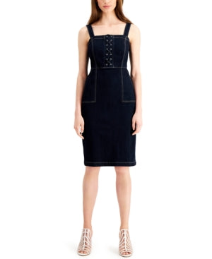 INC International Concepts Women's Lace Up Denim Dress Blue Size 6