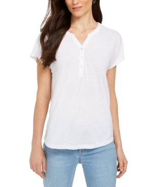 Style & Co Women's Dolman Sleeve Henley Linen Blend Top White Size Small