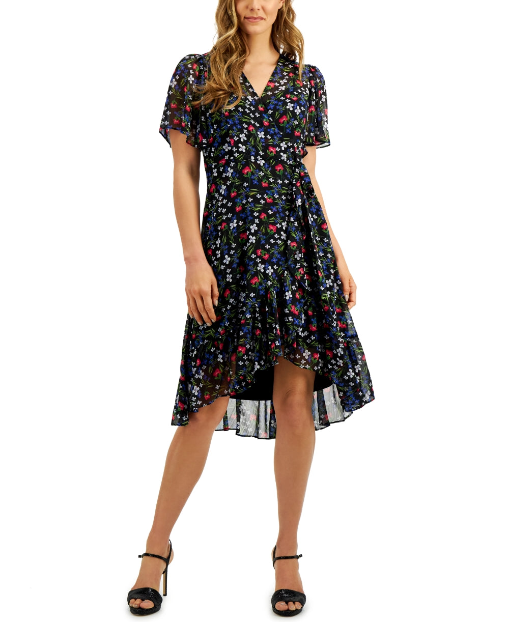 Calvin Klein Women's Floral Print Wrap Style Dress regatta Blue Size 0 Petite