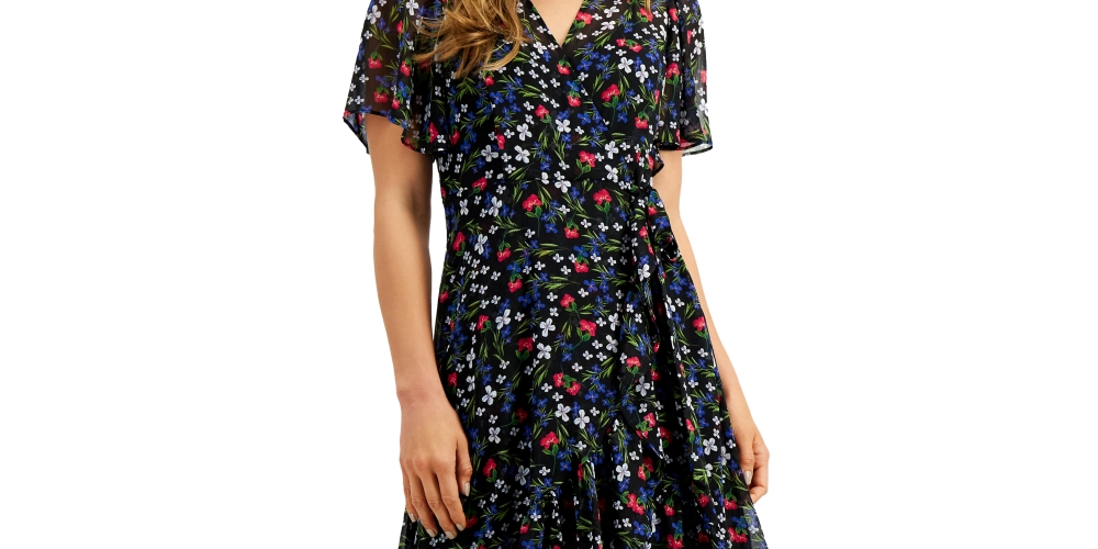 Calvin Klein Women's Floral Print Wrap Style Dress regatta Blue Size 0 Petite