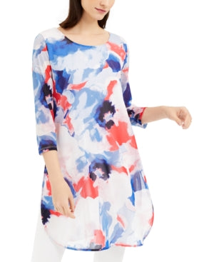 Alfani Women's Blouse Super Tunic Blooms Blue Size Petite Medium
