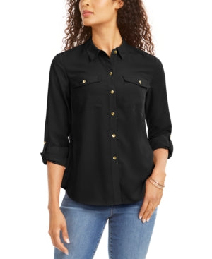 Charter Club Women's Button Front Shirt Black Size Small