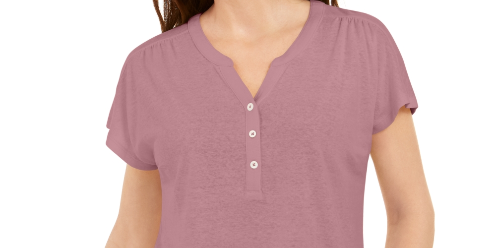 Style & Co Women's Dolman Sleeve Henley Linen Blend Top Purple Size Large