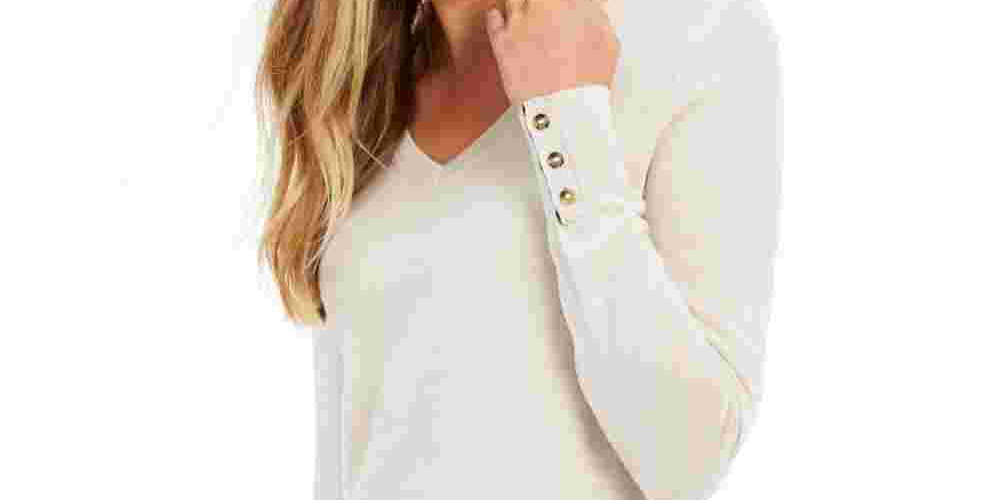 Charter Club Women's Heather Cuffed V Neck T-Shirt Top Beige Size X-Large