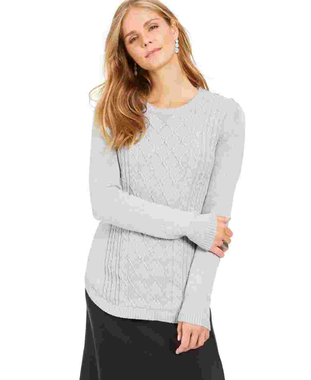 Charter Club Women's Printed Long Sleeve Crew Neck T-Shirt Top Gray Size Petite Large