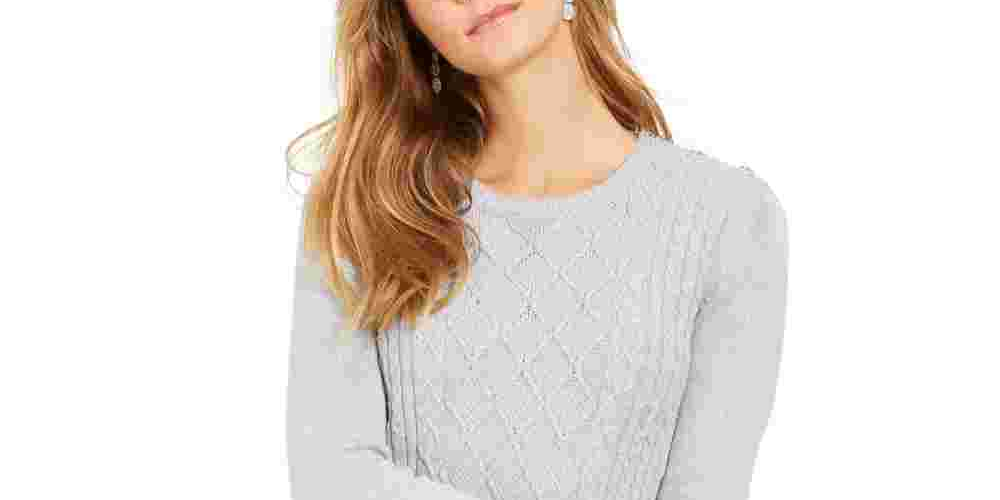 Charter Club Women's Printed Long Sleeve Crew Neck T-Shirt Top Gray Size Petite Large