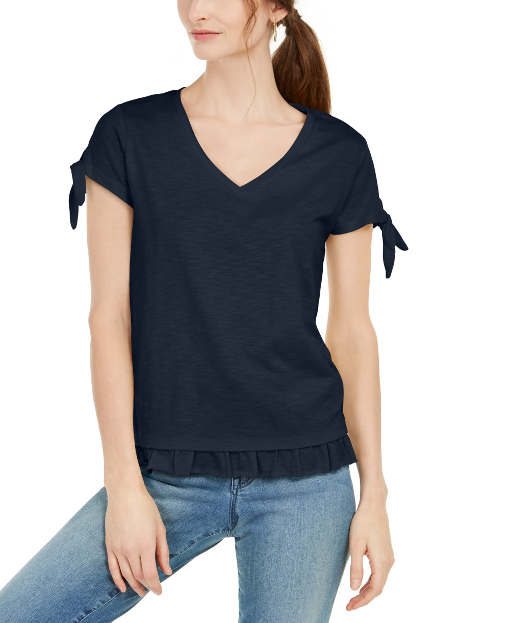 Style & Co Women's Tie Sleeve Ruffled Top Blue Size Small