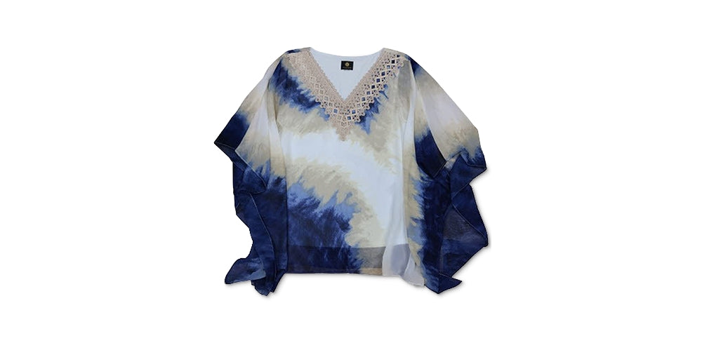 JM Collection Women's Crochet Trim Printed Poncho Top Blue Size X-Small