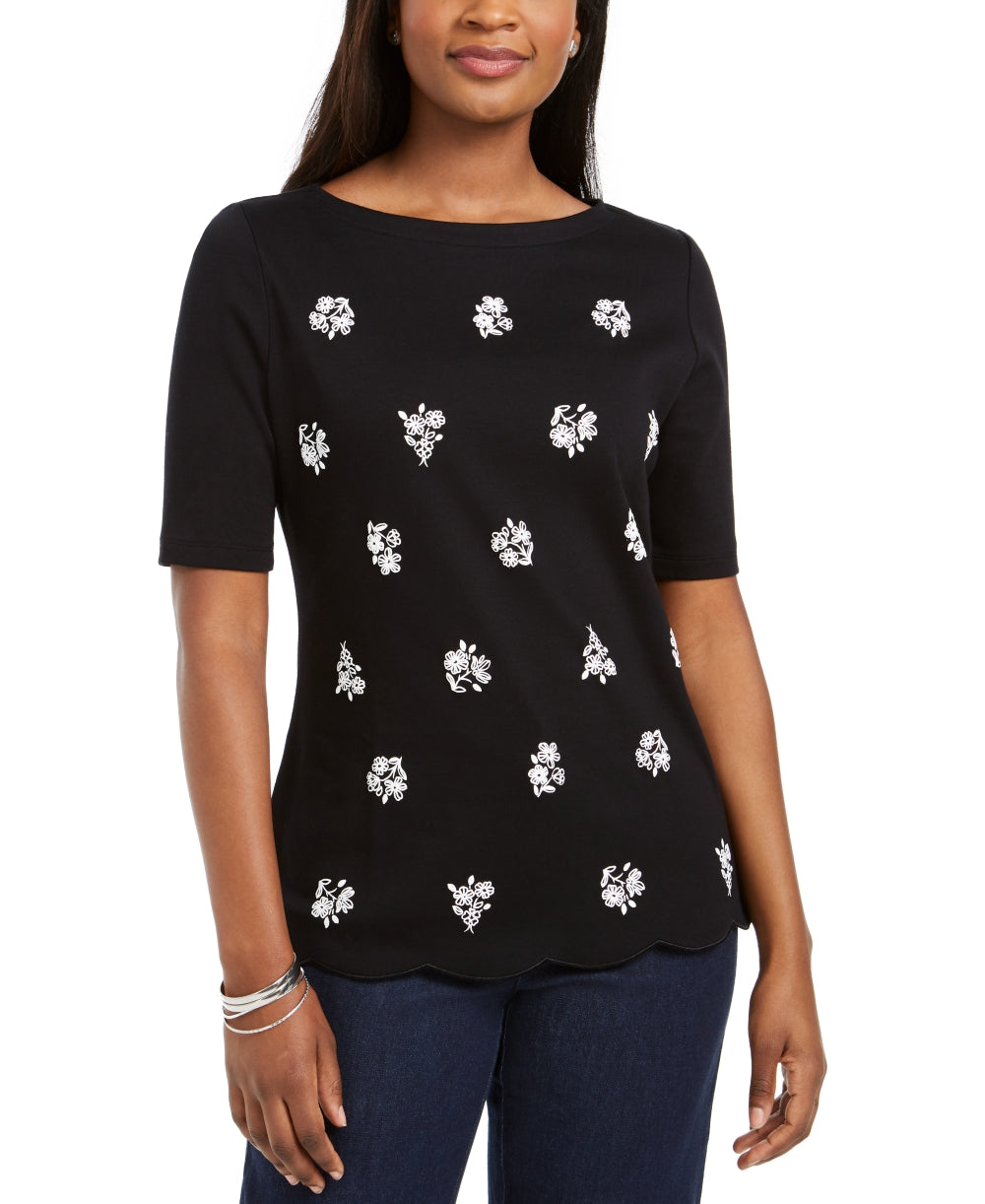 Karen Scott Women's Printed Scalloped Cotton Top Black Size X-Small