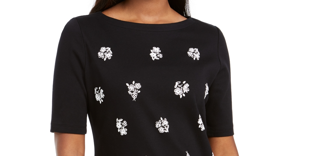 Karen Scott Women's Printed Scalloped Cotton Top Black Size X-Small