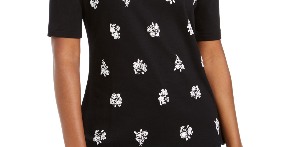 Karen Scott Women's Printed Scalloped Cotton Top Black Size X-Small