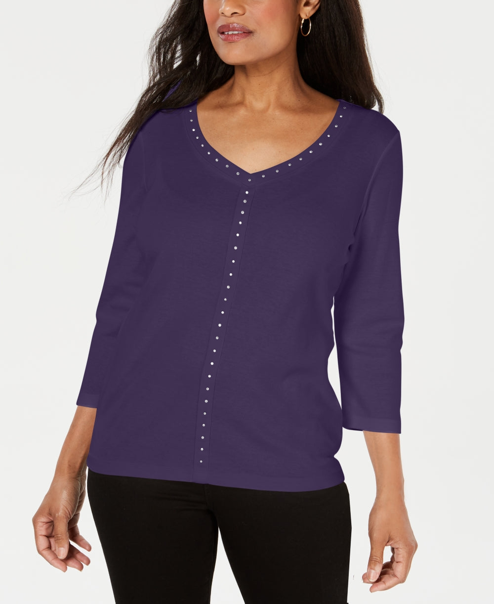 Karen Scott Women's V Neck Studded Top Purple Size XL