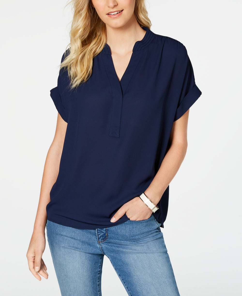 Charter Club Women's Split Neck Short Sleeve Top Blue Size PS/M