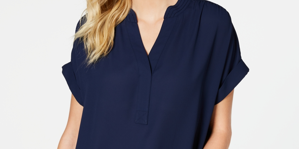 Charter Club Women's Split Neck Short Sleeve Top Blue Size PS/M