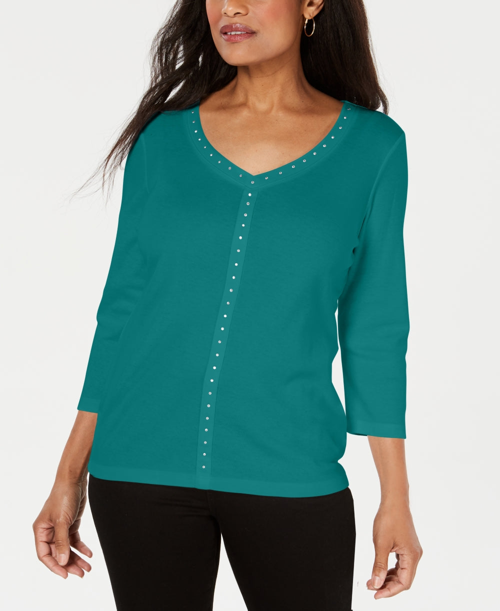 Karen Scott Women's V Neck Studded Top Blue Size X-Small