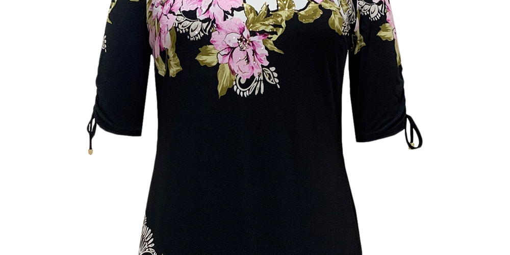 JM Collection Women's Kate Bouquet Floral Print Ruched Sleeve Dress Black Size Small