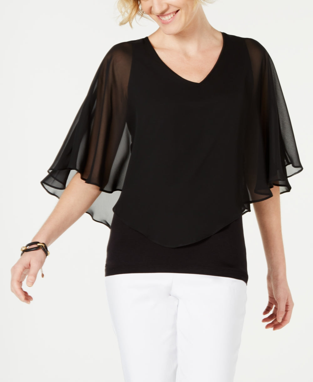 JM Collection Women's Solid V Neck Chiffon Overlay Top Black Size X-Larg