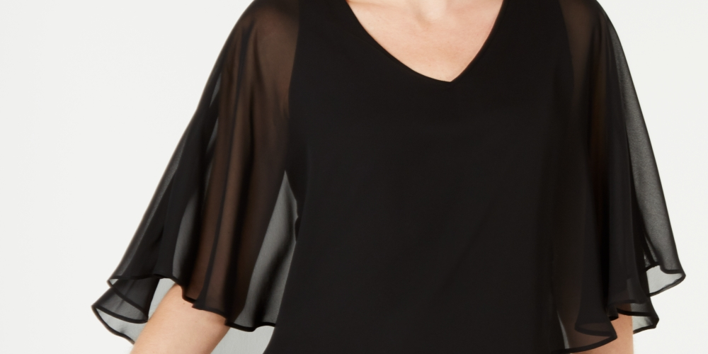 JM Collection Women's Solid V Neck Chiffon Overlay Top Black Size X-Larg