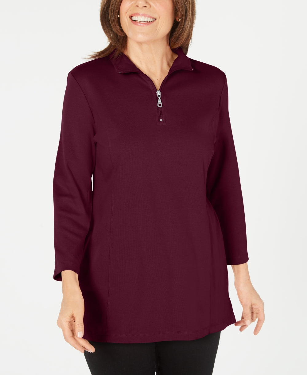 Karen Scott Women's Cotton Half Zip Mock Neck Top Red Size Medium