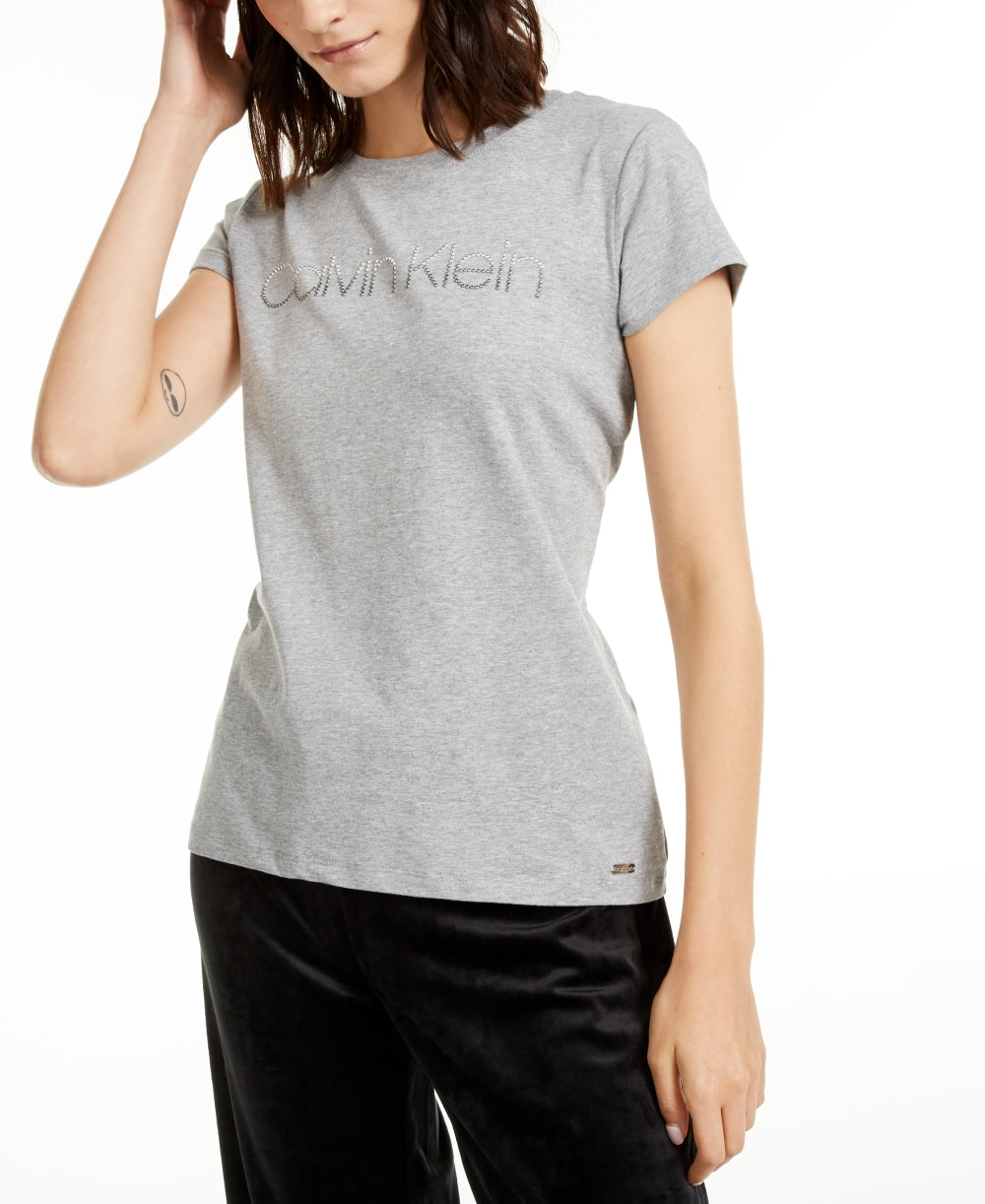 Calvin Klein Women's Studded Logo T-Shirt Gray Size Large