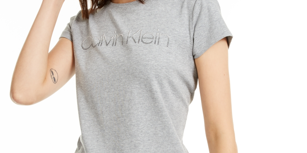 Calvin Klein Women's Studded Logo T-Shirt Gray Size Large