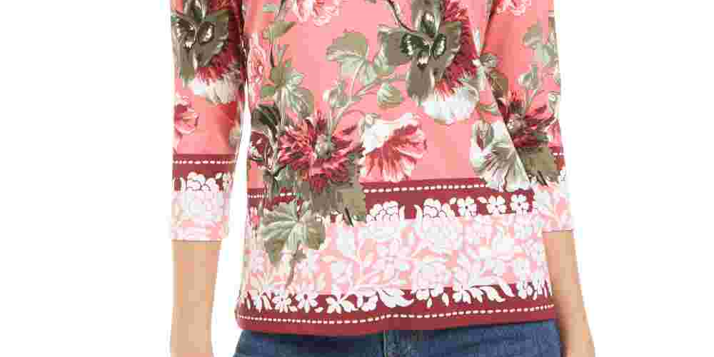 Charter Club Women's Garden Printed V-Neck Top Pink Size X-Large