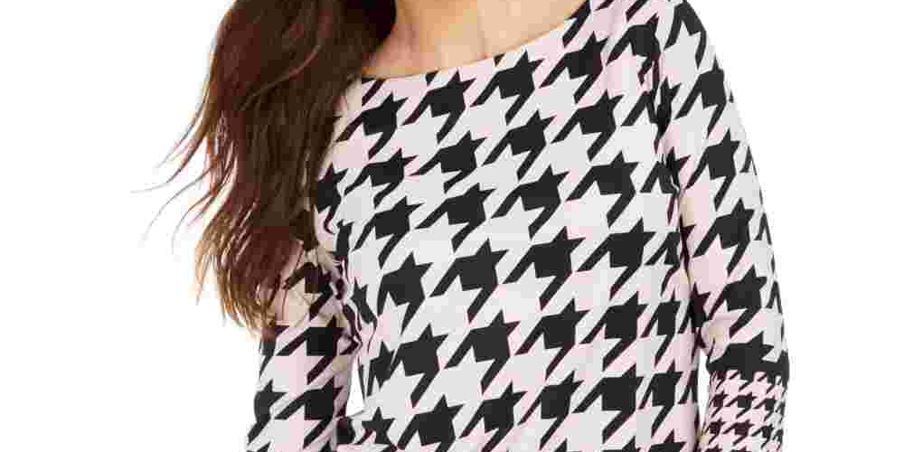 Charter Club Women's Button Shoulder Houndstooth Top Pink Size Petite L