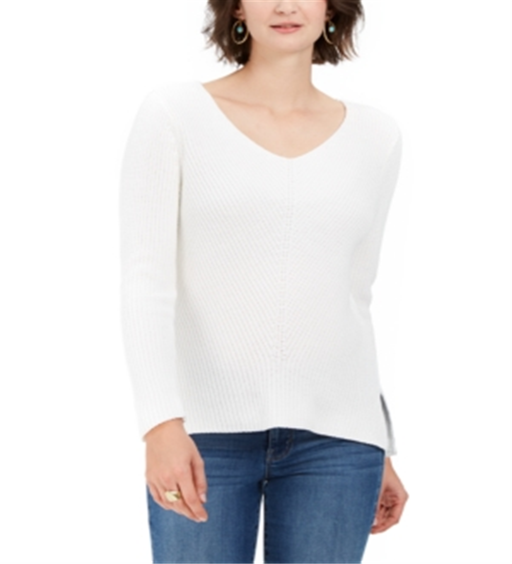 Style & Co Women's Ribbed V Neck Cotton Sweater White Size XX-Large
