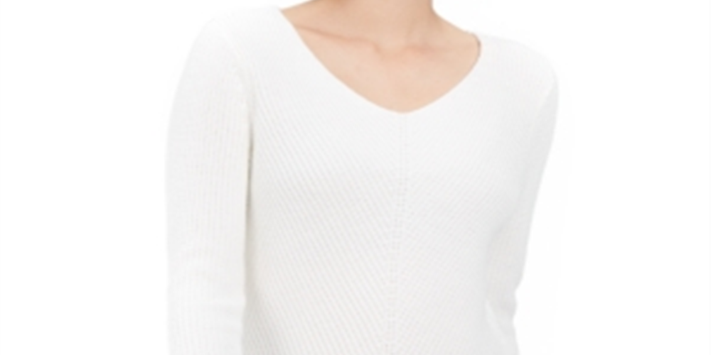 Style & Co Women's Ribbed V Neck Cotton Sweater White Size XX-Large
